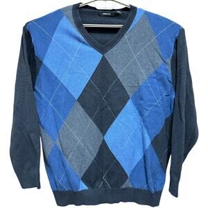 Claiborne Men Sweater XLT Blue Gray Argyle Pullover Long Sleeve 100% Cotton